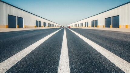 Industrial Road with Symmetrical Perspective and Clear Sky in an Urban Landscape