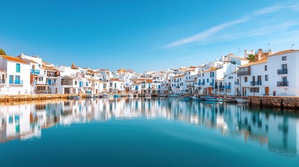 Obraz premium Mediterranean, harbor, tradition, A picturesque coastal scene featuring whitewashed houses reflecting in calm turquoise waters under a clear blue sky.