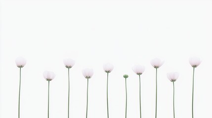 Delicate Pink Flowers with Long Stems Against a Soft White Background in a Minimalist Arrangement