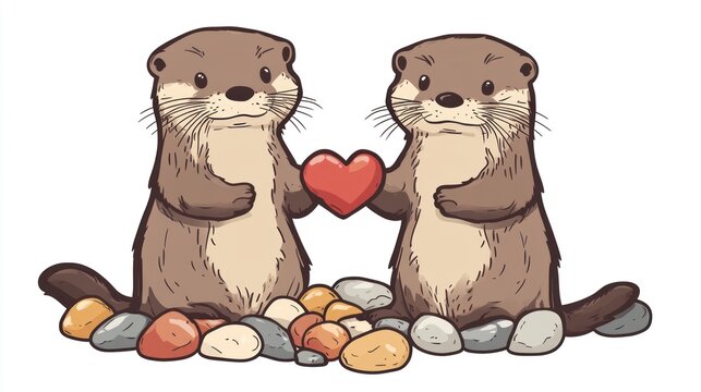 Two otters holding heart, rocks, love, Valentine's, illustration, card