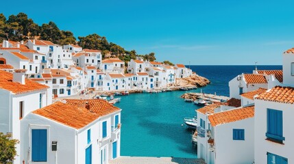 Obraz premium Mediterranean, harbor, tradition, A picturesque coastal village with white houses and orange roofs, nestled by a clear blue sea under a bright blue sky.