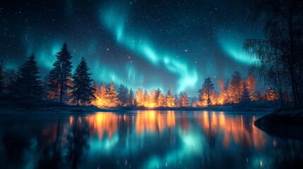 Obraz premium Northern Lights reflecting on a tranquil winter lake, surrounded by snow-covered trees at night. Ideal for travel brochures