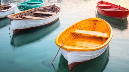 Fototapeta premium Mediterranean, harbor, tradition, Colorful boats float gently on calm water, creating a serene and picturesque scene.