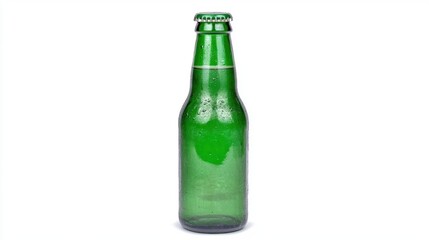 Isolated Green Glass Bottle with Water Droplets Against a White Background