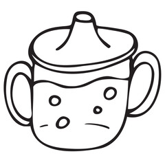 spill-proof mug for a small child, cute children s black and white vector coloring, line art, outline