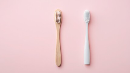 pet care and hygiene and preventive concept. Two toothbrushes on a pink background, one wooden and one plastic.