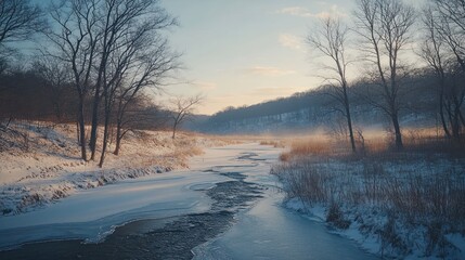 Winter sunrise over snowy river valley, tranquil nature scene, perfect for winter travel posters