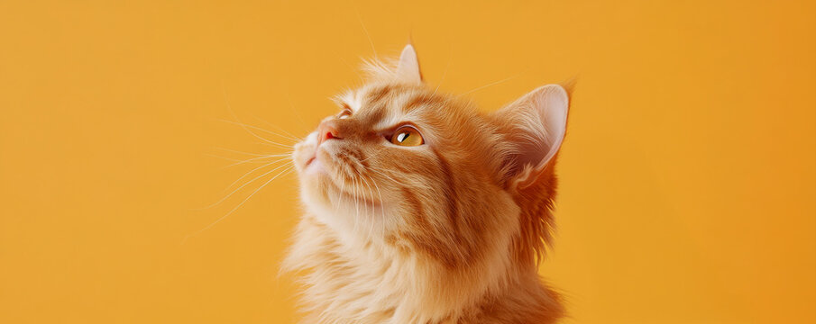pet care and hygiene and preventive concept. Ginger cat looking up against a vibrant yellow background