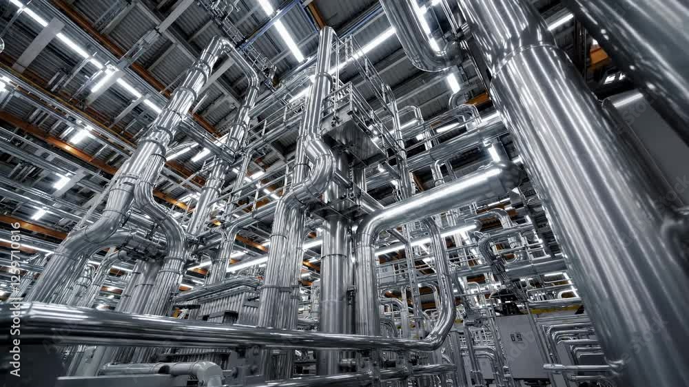 Poster futuristic industrial setting with metallic pipes, captured from a low-angle. the video style emphas