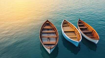 Obraz premium Mediterranean, harbor, tradition, Three wooden boats float peacefully on calm waters, reflecting the soft hues of sunrise, creating a serene and picturesque scene.