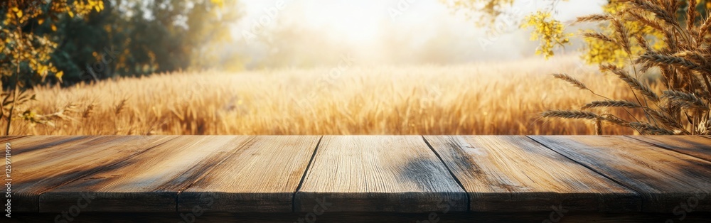Poster wooden table with wheat ears on it, with a blurred background of golden grain fields in the rays of 