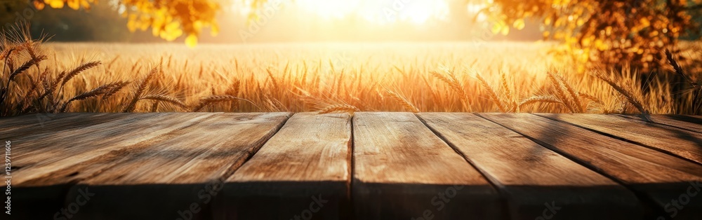 Poster wooden table with wheat ears on it, with a blurred background of golden grain fields in the rays of 