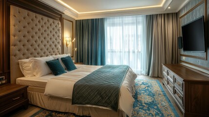 Beautiful luxury bedroom suite in hotel with tv