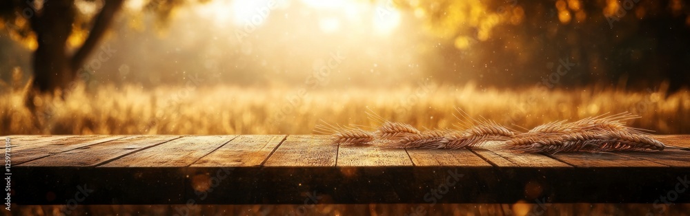Poster wooden table with wheat ears on it, with a blurred background of golden grain fields in the rays of 