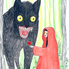 A haunting yet whimsical moment unfolds in the deep woods as a young girl in a flowing red hooded cloak offers a single crimson flower to a looming, sharp-toothed wolf. His piercing yellow eyes glow a