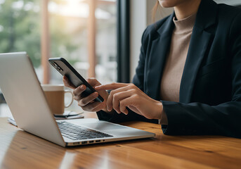 Person multitasking on laptop and smartphone, working efficiently in a modern office setting.