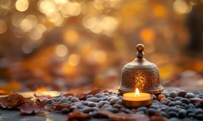 small brass bell and candle, smooth pebbles on the table, with a blurred background of brown leaves in autumn, creating an atmosphere for meditation or relaxation during the holy month of Ramadan