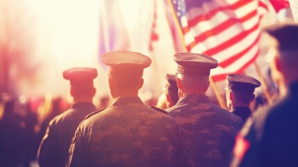 Veterans marching in a parade. Featuring military personnel, national flags, and spectators. Honoring their service and patriotism. Ideal for commemorative and patriotic content.