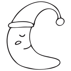 crescent moon in a nightcap, good night, moon in a children s room, cute children s black and white vector coloring, line art, outline
