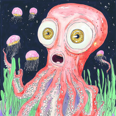A wide-eyed octopus with an exaggeratedly large head and comically long tentacles floats in the deep sea, its skin a vibrant mix of red and coral pink. Its golden eyes gleam with curiosity as jellyfis