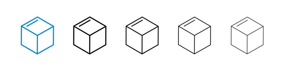 Cube icons in five different stroke sizes