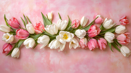 Fototapeta premium A symmetrical arrangement of pink and white tulip flowers with green stems and leaves lies flat on a textured, light pink background.