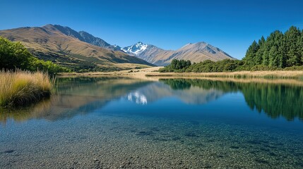 Mountain lake reflecting majestic peaks under a clear blue sky