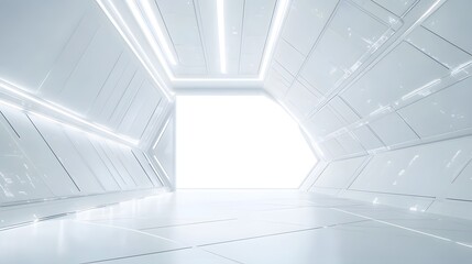 Fototapeta premium Futuristic corridor with white walls and bright doorway