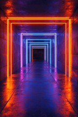 Fototapeta premium Neon Lit Concrete Tunnel With Colorful Glowing Rectangles
