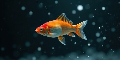 Fototapeta premium A vibrant orange goldfish gracefully swims through a dark aquatic environment, surrounded by a gentle flurry of tiny particles