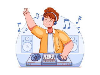 Vector illustration of a DJ in action mixing music on turntables. The DJ is wearing headphones and has one hand on the turntable and the other raised in a peace sign.
