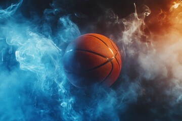 Fototapeta premium The basketball is spinning, with a background of light and dark colors, light smoke around it, and light particles in blue. 
