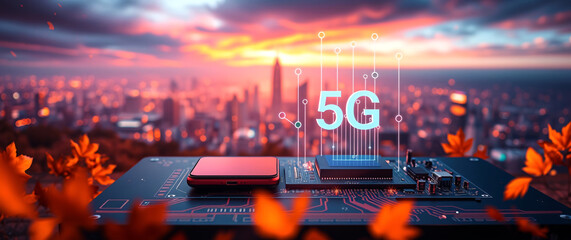 Modern City with 5G Wireless Network: Smart City and Communication Network Concept in multi color-Toned Urban Landscape.