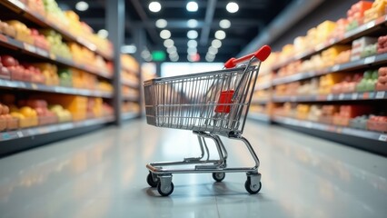 Empty Shopping Cart in Supermarket Aisle Ready for Grocery Shopping