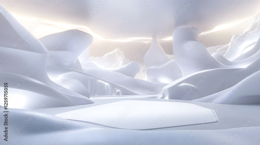 Poster abstract white futuristic landscape with hexagonal platform and soft lighting