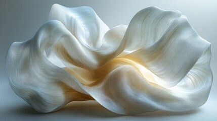 Abstract flowing fabric sculpture with soft curves and gentle lighting creating a serene atmosphere