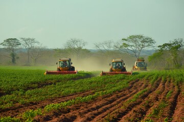 Obraz premium Tractors harvesting crop field, rural landscape, dust