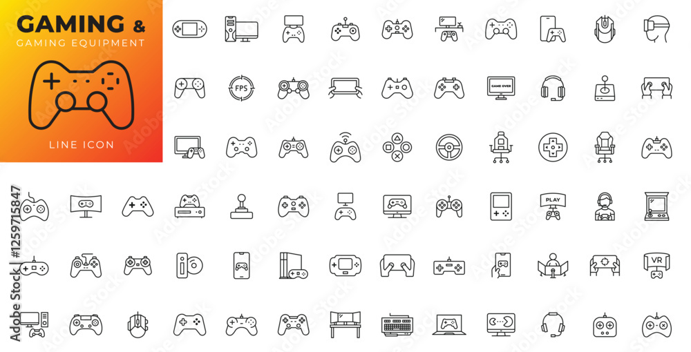Poster gaming icon set. game controller and console line with stock illustration. gamepads. video game cont