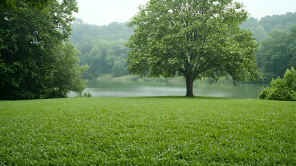 Serene lake view, lone tree, misty hills, tranquil landscape, nature poster