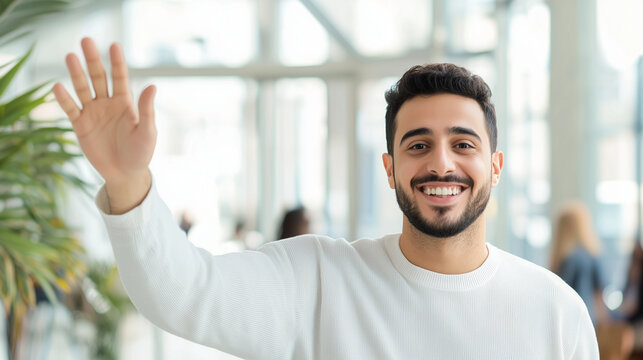 A cheerful, smiling Arab man, influencer, is recording a vlog in a bright, modern setting. Heâs enthusiastically waving at the camera, greeting his followers while sharing tips abo