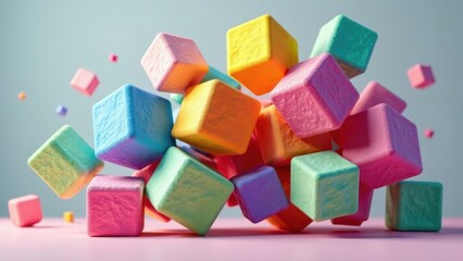 A vibrant cluster of pastel-hued cubes, playfully tumbling and overlapping, creates a dynamic and joyful visual composition on a soft pink surface.