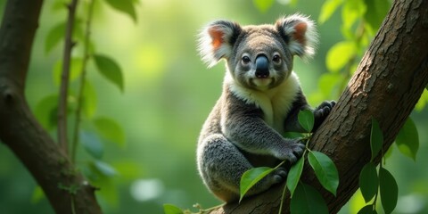 Naklejka premium Adorable Koala Bear Cub Perched on a Tree Branch in Lush Green Foliage, a Symbol of Wild Nature and Conservation