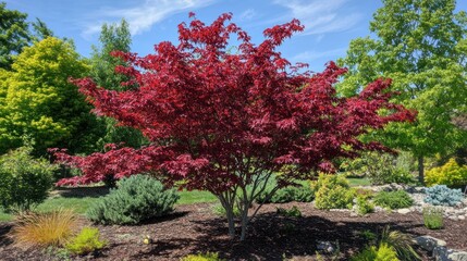 A vibrant red maple tree surrounded by lush greenery in a garden setting.