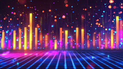 Vibrant digital soundwave visualization with colorful bars and glowing dots in a futuristic setting