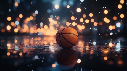 basketball in the center of the composition, on a dark background with lights and a bokeh effect,
