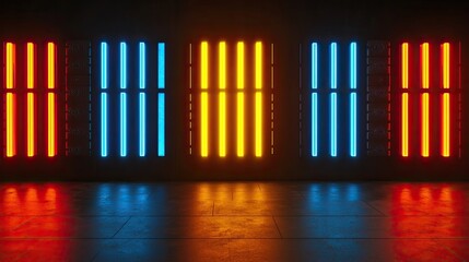 Colorful illuminated vertical panels in a modern industrial space with a reflective floor