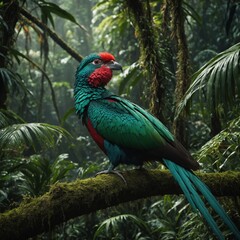 Obraz premium A lush jungle scene with a majestic quetzal in the center.