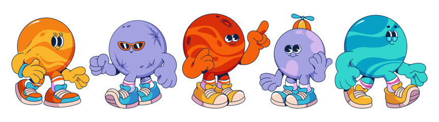 Groovy planet characters set isolated on white background. Contemporary vector cartoon illustration of happy sun, earth, mars, moon mascots smiling and walking, retro style comic space stickers