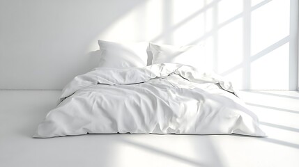 Minimalist white bedding displayed elegantly on a bright white surface