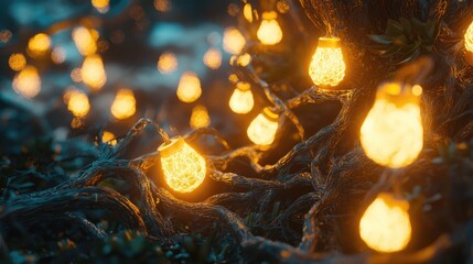 Glowing lanterns illuminate twisted roots in a mystical forest setting at twilight